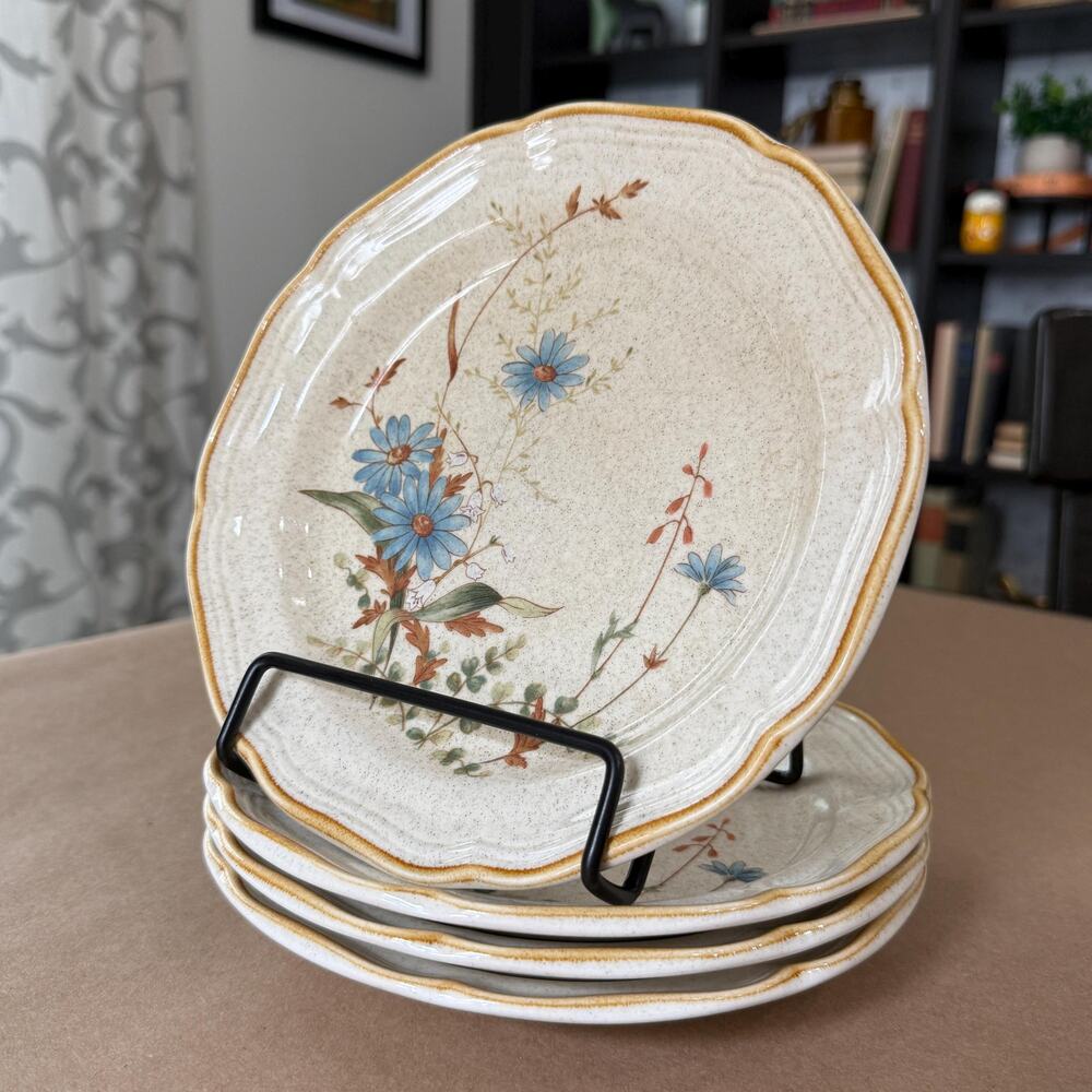Vintage Mikasa EB804 Blue Daisies Salad Plates Set of 4 - 8” Floral Stoneware